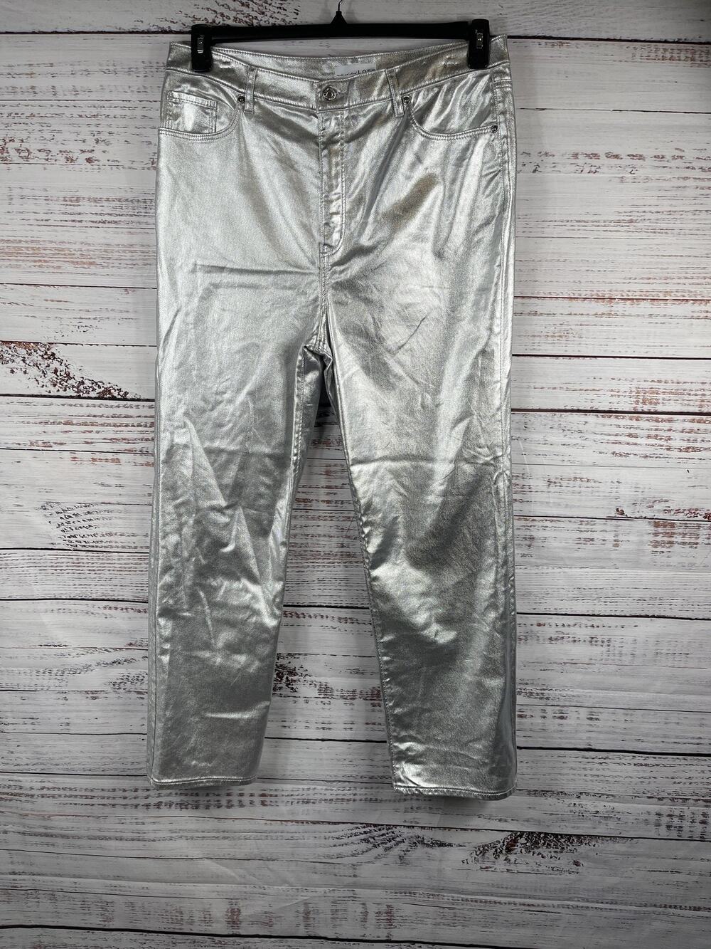LOFT Jeans Womens 16 Tall Silver High Rise Straight Metallic Stretch Denim Pants
